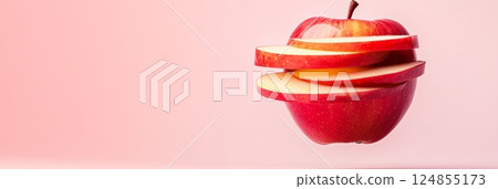 Ripe red apple is sliced and magically levitating against a vibrant pink backdrop, creating a surreal and visually appealing scene with a modern aesthetic 124855173