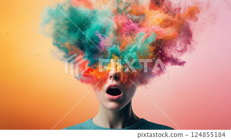 Young woman with an exploding head made of colorful powder is screaming with an open mouth, depicting information overload, burnout, stress, and mental health issues Young woman with an exploding head made of colorful powder is screaming with an open mouth, depicting information overload, burnout, stress, and mental health issues 124855184