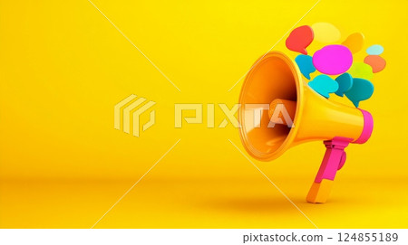 Orange megaphone emits colorful speech bubbles, conveying a message or announcement on a vibrant yellow background, symbolizing communication, announcement, or opinion expression 124855189