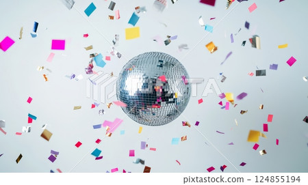 Colorful confetti falling around a rotating disco ball creates a festive atmosphere, perfect for celebrating special occasions and events with vibrant energy 124855194