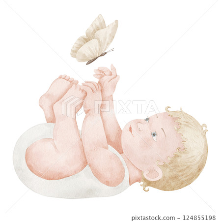 Watercolor illustration of a Baby boy or girl interacting with a butterfly. Drawing of Infant for baby shower greeting cards or newborn party invitations. Art of cute child in neutral pastel colors. Watercolor illustration of a Baby boy or girl interacting with a butterfly. Drawing of Infant for baby shower greeting cards or newborn party invitations. Art of cute child in neutral pastel colors. 124855198