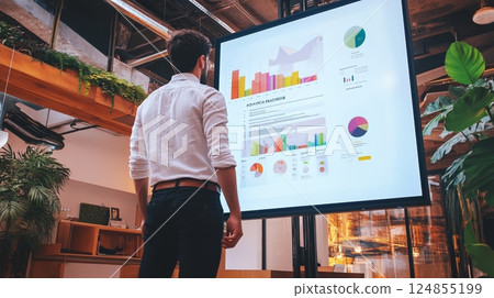 Businessman standing and analyzing graphs and pie charts displayed on a large digital screen in a modern office with plants, showcasing data analysis and decision making in a contemporary workspace 124855199