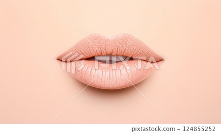 Plump, full lips slightly parted, showcasing white teeth and a subtle smile, suggest recent cosmetology or dentistry work, enhancing natural beauty and promoting oral health 124855252