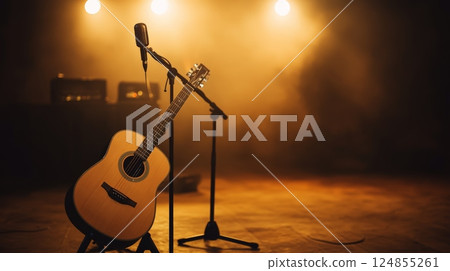 Acoustic guitar rests on a stand next to a microphone on a dimly lit stage, bathed in the warm glow of spotlights, creating an intimate atmosphere for a musical performance or open mic night Acoustic guitar rests on a stand next to a microphone on a dimly lit stage, bathed in the warm glow of spotlights, creating an intimate atmosphere for a musical performance or open mic night 124855261
