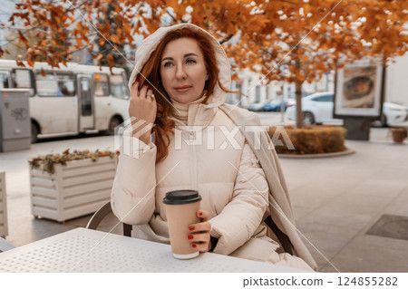 Woman Coffee Autumn Outdoors: City Street Cafe, Fall Day, Relaxing Break Woman Coffee Autumn Outdoors: City Street Cafe, Fall Day, Relaxing Break 124855282