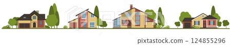 Suburban houses along the street. Set private houses in flat design style. Colorful residential houses and trees. Suburban houses along the street. Set private houses in flat design style. Colorful residential houses and trees. 124855296