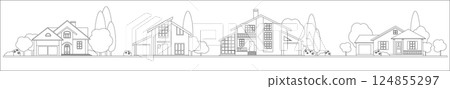 Suburban houses along the street . Set private houses in line art design style Suburban houses along the street . Set private houses in line art design style 124855297