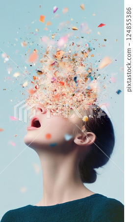 Young woman with an open mouth is experiencing an explosion of colorful thoughts and ideas, symbolizing information overload, burnout, or a creative outburst Young woman with an open mouth is experiencing an explosion of colorful thoughts and ideas, symbolizing information overload, burnout, or a creative outburst 124855386