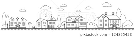 Suburban houses along the street . Set private houses in flat design style 124855438