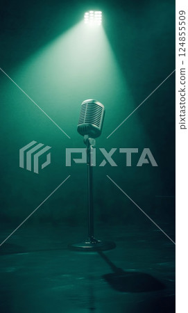 Vintage microphone stands on a stage, illuminated by a spotlight in a smoky atmosphere, creating an evocative scene for singing, stand up comedy, or any live performance 124855509