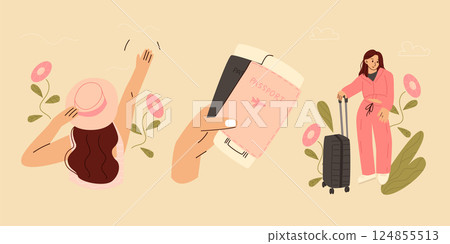 Tourists and travelers characters, people travel, excursion trip. women with backpacks and luggage traveling abroad. Flat vector illustration, set 124855513