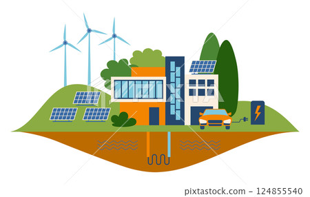Green energy concept. Suburban house, solar panels and wind turbines 124855540