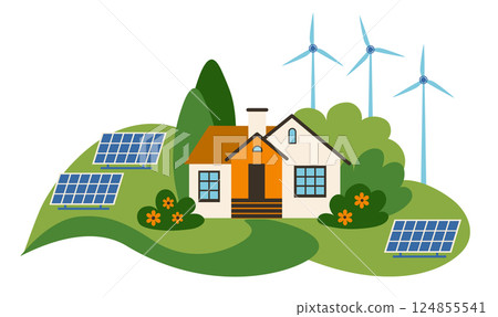 Green energy concept. Suburban house, solar panels and wind turbines 124855541