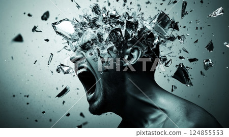 Man screaming in pain as his head shatters into glass pieces, illustrating mental health struggles like information overload, burnout, stress, and migraine Man screaming in pain as his head shatters into glass pieces, illustrating mental health struggles like information overload, burnout, stress, and migraine 124855553
