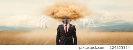 Surreal image depicting a businessman in a suit standing in a dry field, his head exploding into a cloud of dust, symbolizing information overload, stress, and mental burnout Surreal image depicting a businessman in a suit standing in a dry field, his head exploding into a cloud of dust, symbolizing information overload, stress, and mental burnout 124855554