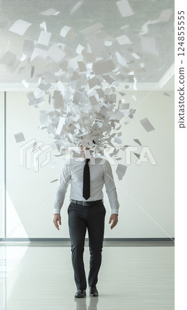 Businessman walking through a modern office, head exploding with flying papers, illustrating the chaos of stress, information overload, and the struggle against burnout and anxiety 124855555