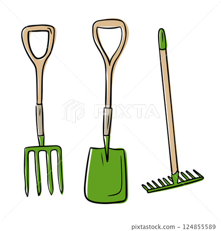 Set of garden tools including pitchfork Set of garden tools including pitchfork 124855589
