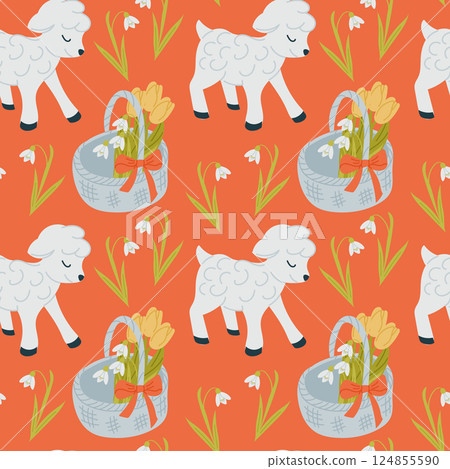 Seamless pattern with cute lambs, flower baskets 124855590