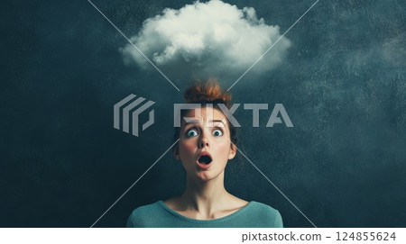 Young woman with a shocked expression experiencing information overload, symbolized by a cloud over her head, representing stress, burnout, and mental health challenges in modern life 124855624