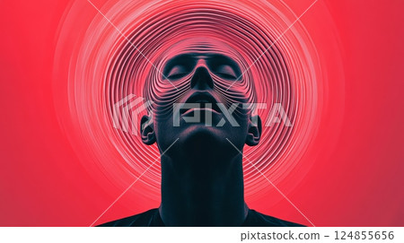 Man with closed eyes and textured face experiencing information overload, burnout, or migraine, symbolized by swirling red rings emanating from his head, conveying stress and mental exhaustion 124855656