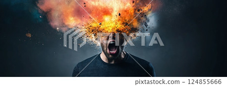 Man experiencing burnout and stress with his head exploding into flames and debris, representing information overload, mental health issues, and extreme pressure 124855666