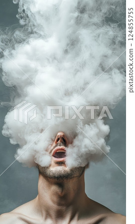 Man's face obscured by a cloud of smoke, symbolizing mental overload, stress, and burnout. The visual metaphor captures the chaos of thoughts and the pressure of modern life 124855755