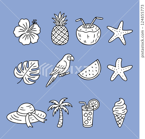 Set of hand drawn summer holiday doodle icons with tropical fruits flowers drinks and beach elements in bold outline for sticker print packaging and kids design 124855773