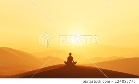 Silhouetted woman practicing yoga and meditating at sunrise on a sand dune, embracing the peace and tranquility of the vast desert landscape, connecting with nature's serenity 124855775