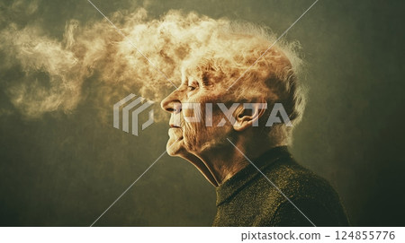 Smoke rising from an elderly woman's head symbolizes the struggles of memory loss, dementia, and various mental health challenges, capturing the essence of cognitive decline and confusion 124855776