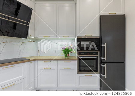 Modern White Kitchen with Built-in Appliances Modern White Kitchen with Built-in Appliances 124855806