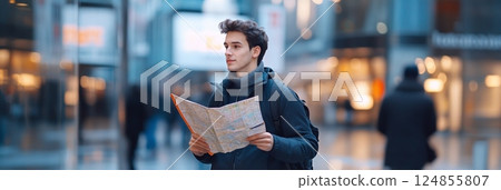 Young tourist with a backpack is consulting a city map, carefully choosing the right way in a modern urban environment, surrounded by blurred buildings and people Young tourist with a backpack is consulting a city map, carefully choosing the right way in a modern urban environment, surrounded by blurred buildings and people 124855807