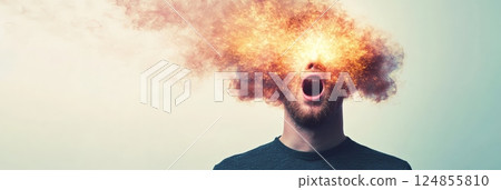 Young man with a head erupting in flames and smoke, representing the overwhelming effects of stress, burnout, and mental health struggles like migraines and anxiety Young man with a head erupting in flames and smoke, representing the overwhelming effects of stress, burnout, and mental health struggles like migraines and anxiety 124855810
