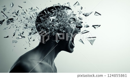 Man suffering from strong headache, screaming with head exploding into glass shards, depicting mental health issues such as burnout, stress, information overload, and migraine 124855861