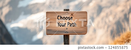 Wooden sign reading choose your path set in a mountain landscape, encouraging hikers to embrace important decisions and conquer the fear of better options Wooden sign reading choose your path set in a mountain landscape, encouraging hikers to embrace important decisions and conquer the fear of better options 124855875