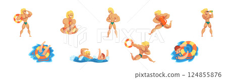 Man Beach Lifeguards Ensuring Safety Vector Set Man Beach Lifeguards Ensuring Safety Vector Set 124855876