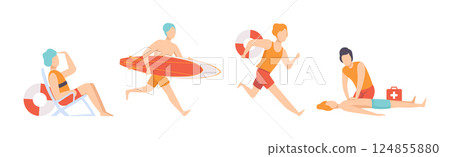 Man Beach Lifeguards Ensuring Safety Vector Set 124855880