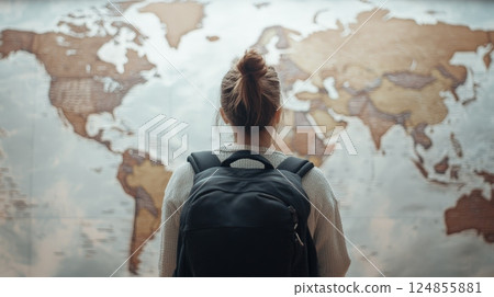 Young student with backpack choosing travel destination looking at world map hanging on wall, planning trip and making decision about country to visit during summer vacation Young student with backpack choosing travel destination looking at world map hanging on wall, planning trip and making decision about country to visit during summer vacation 124855881