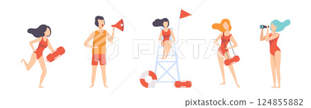 Man and Woman Beach Lifeguards Ensuring Safety Vector Set 124855882