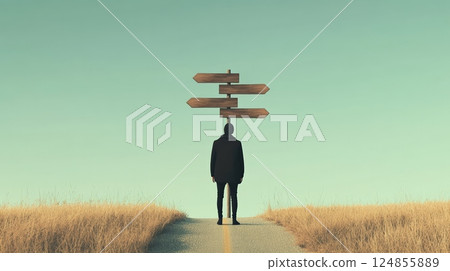 Businessman standing at a crossroads with multiple signs, contemplating career choices and the fear of better options in the job market 124855889