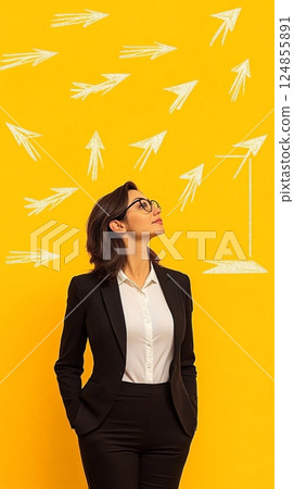 Businesswoman contemplating a difficult decision while standing against a yellow background filled with arrows pointing in various directions, symbolizing diverse career opportunities Businesswoman contemplating a difficult decision while standing against a yellow background filled with arrows pointing in various directions, symbolizing diverse career opportunities 124855891