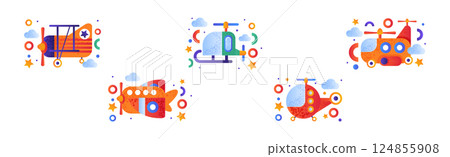 Flying Air Transport and Aircraft Vehicle for Travel and Journey Vector Set 124855908