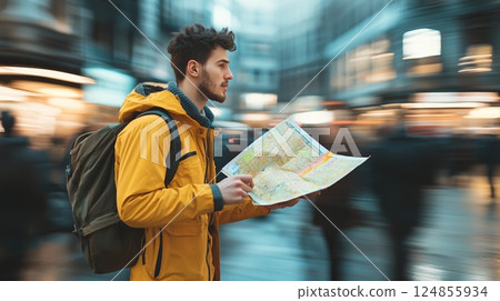 Tourist holding paper map is choosing right direction in a modern city with blurred people walking on the street, representing decision making, travel and tourism industry 124855934