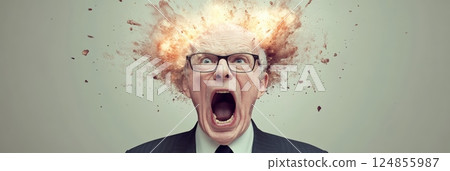 Senior businessman wearing suit and tie screaming with head exploding representing stress, burnout, information overload, or other mental health issues 124855987