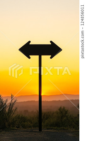 Double arrow sign pointing in two opposite directions at sunset with orange sky, symbolizing a difficult decision or the fear of better options - fobo - Double arrow sign pointing in two opposite directions at sunset with orange sky, symbolizing a difficult decision or the fear of better options - fobo - 124856011