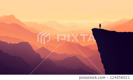 Hiker standing on a cliff is watching a majestic sunset over a mountain range, enjoying the breathtaking view and the warm colors of the evening sky Hiker standing on a cliff is watching a majestic sunset over a mountain range, enjoying the breathtaking view and the warm colors of the evening sky 124856021
