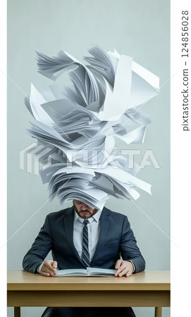 Office worker feeling overwhelmed by an explosion of paperwork while attempting to read a document, grappling with stress, burnout, and the chaos of information overload Office worker feeling overwhelmed by an explosion of paperwork while attempting to read a document, grappling with stress, burnout, and the chaos of information overload 124856028