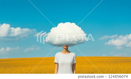 Surreal image of a woman standing in a wheat field with a cloud covering her face, symbolizing thoughts, ideas, information overload, or mental health 124856074