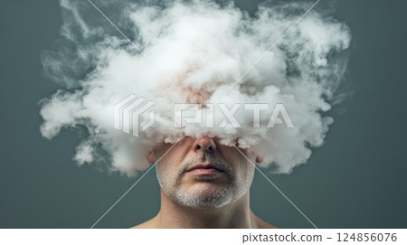 Smoke billowing from a man's head obscures his eyes, representing the overwhelming feelings of stress, burnout, and mental health challenges like anxiety and depression 124856076