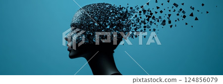 Profile of a woman with her head exploding into small fragments dissolving in the air, representing stress, burnout, migraine, dementia, and mental health issues Profile of a woman with her head exploding into small fragments dissolving in the air, representing stress, burnout, migraine, dementia, and mental health issues 124856079
