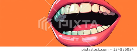 Close up illustration of glossy female lips with slightly crooked teeth biting lower lip, expressing sensuality and provocation on a vibrant orange background 124856084